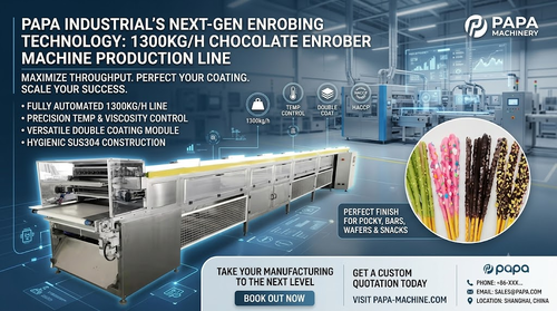 Son şirket haberleri Papa Industrial Launches High-Capacity 1300kg/h Double Coating Chocolate Enrober Machine Line